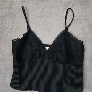 Y2K Black Pinstripe Lace Trim Cami Top Womens Large Goth Dark Academia smocked